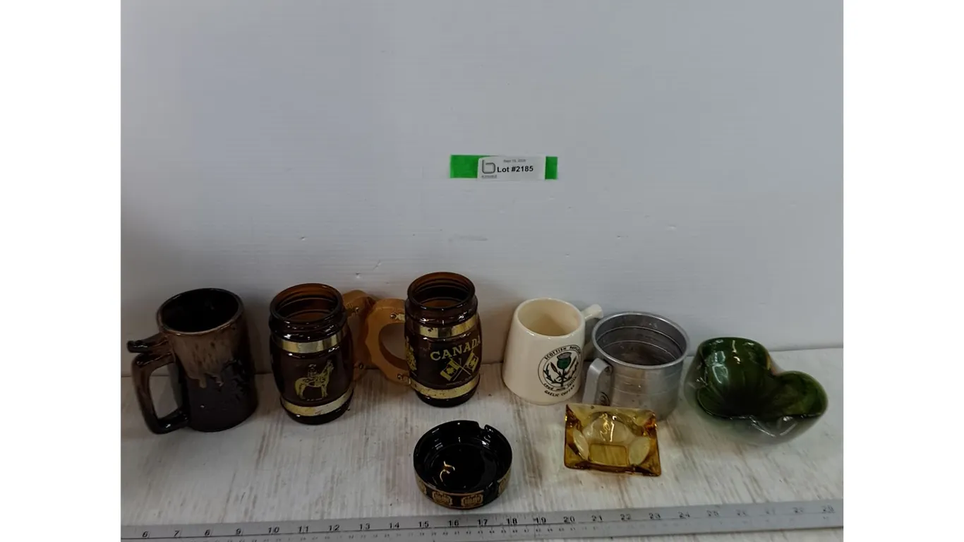 (2) Canada RCMP Mugs, Wet Your Whistle Mug, (3) Ashtrays, (2) Coffee Cups