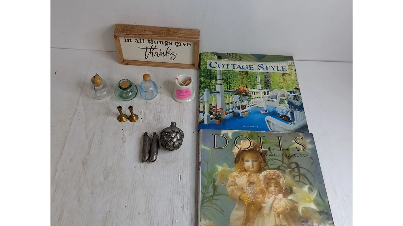 (2) Coffee Table Books, Wood Framed Expression, Vintage Bottles, Metal Ornaments - Cannot Ship