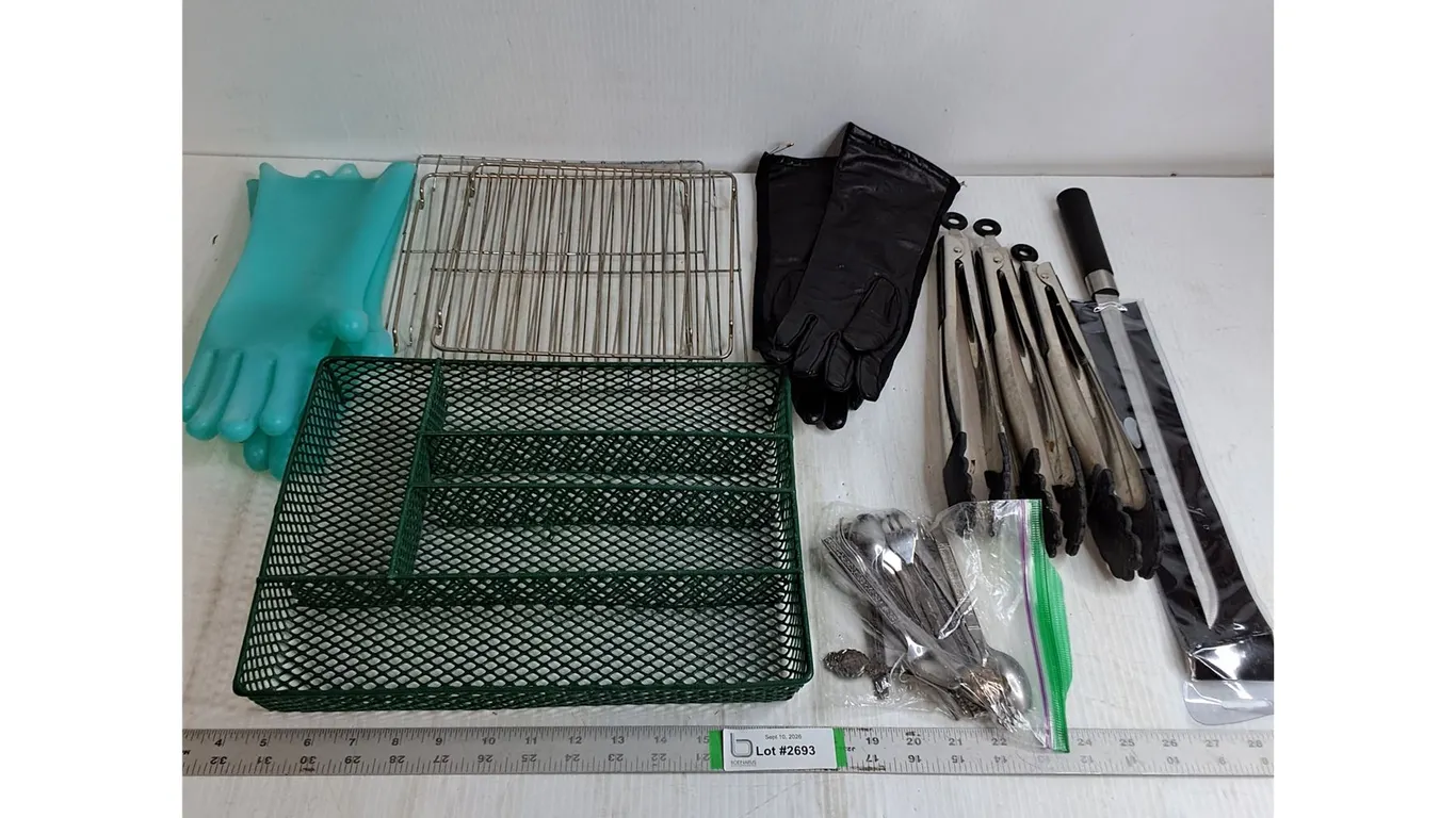 Misc. Lot-(3) BBQ Tongs,Knife,Small Cutlery,Gloves,Grates,Utensil Holder