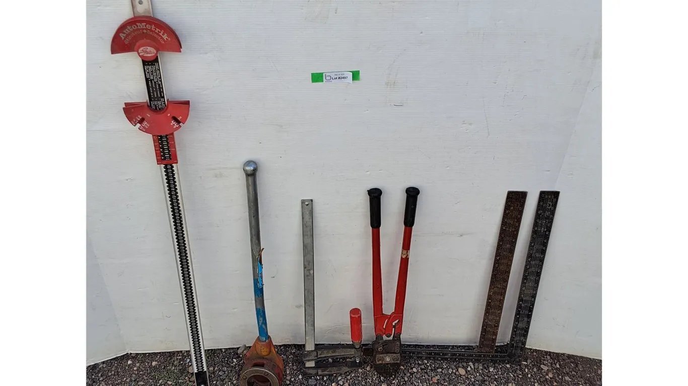 **(2) Squares, Clamp, Bolt Cutter, Pipe Threader, Fan Belt Length Measuring Tool No Shipping