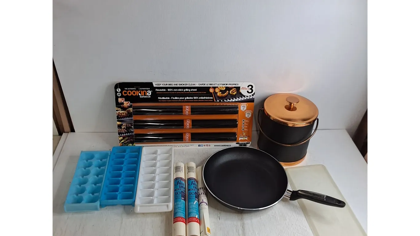 NIB Cookina 3-Pack BBQ Grill Pads, Ice Bucket, Ice Cube Trays, Lagostina Frypan, Shelf Liners, Misc.