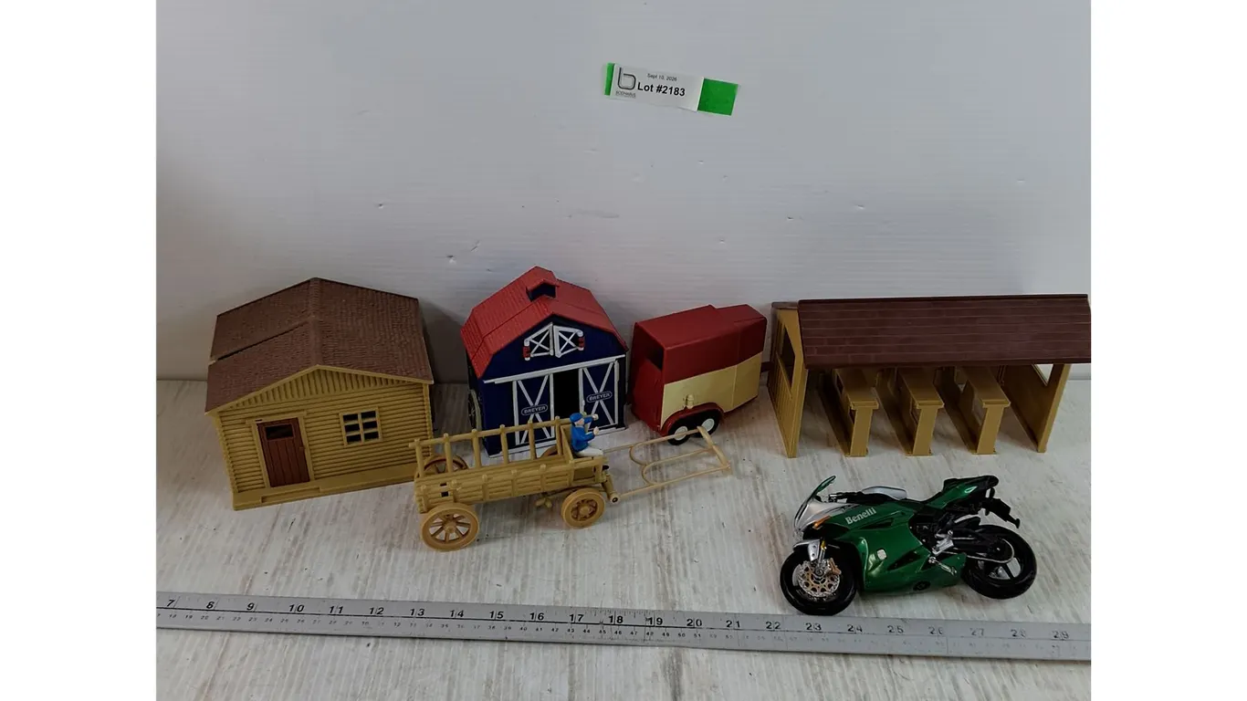 Miniature Toys, Mostly New Ray Brand, Cabinet, Carriage, Barn, Stables, Trailer, Bike