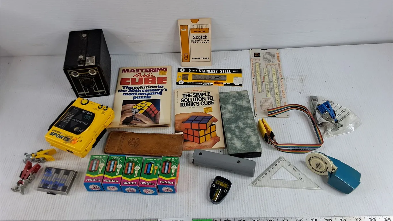 Sony Walkman FM/AM Player, Target Brownie Six 20 Camera, Mini Label Mate, Pitch Pipe, Misc