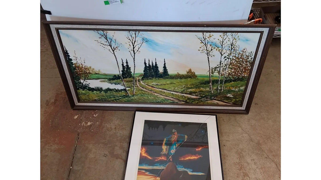 Framed Wall Art Painting 53" x 29", Framed Indigenous Wall Art Print 32" x 24", DAMAGED GLASS, PICKU