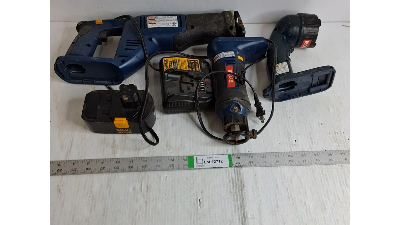 Assorted Ryobi Tools with 1 Battery,Dewalt Charger-untested-as is