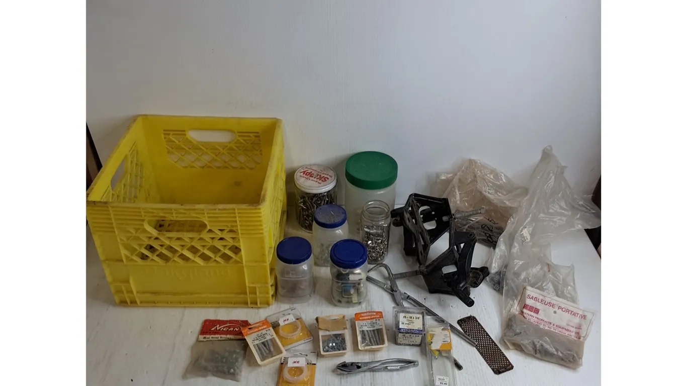 Assorted Hardware, Pliers, Clamps, Milk Crate - Cannot Ship