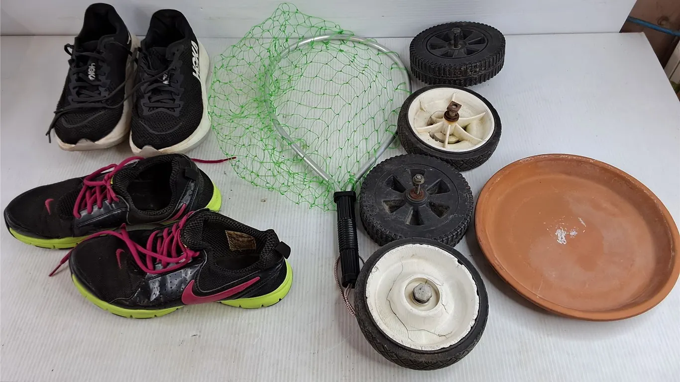 Hoka & Nike Sneakers - Size 6.5, Net, Cart Wheels, Planter Tray