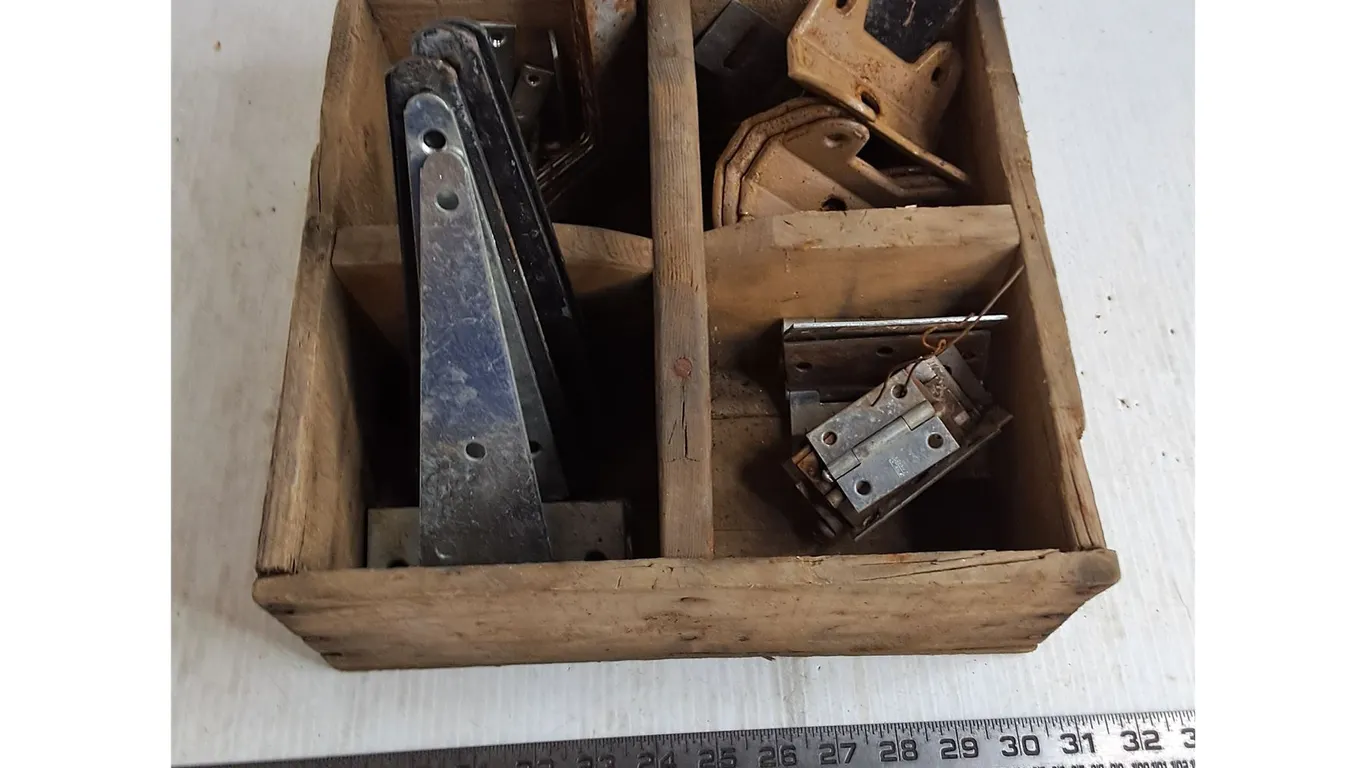 Vintage Wooden Parts Box w/Contents