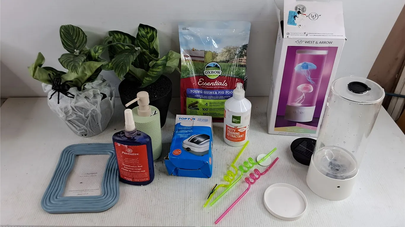 Artificial Plants, Picture Frame, Guinea Pig Food, Potty Training Fluid, Jelly Fish Lamp - As Is