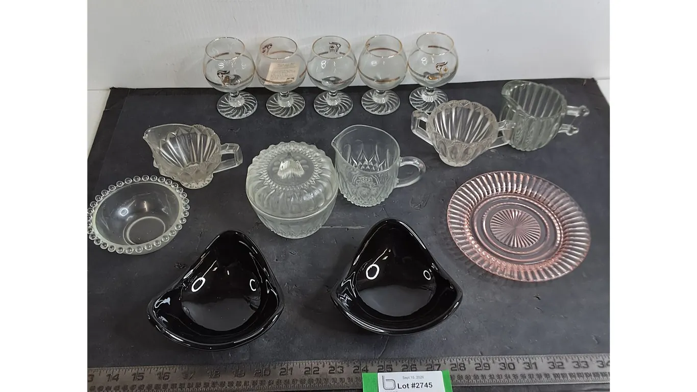 (3) Cream & Sugar Sets, (5) Olympic Liquer Glasses, Trinket Dishes, Depression Glass Plate