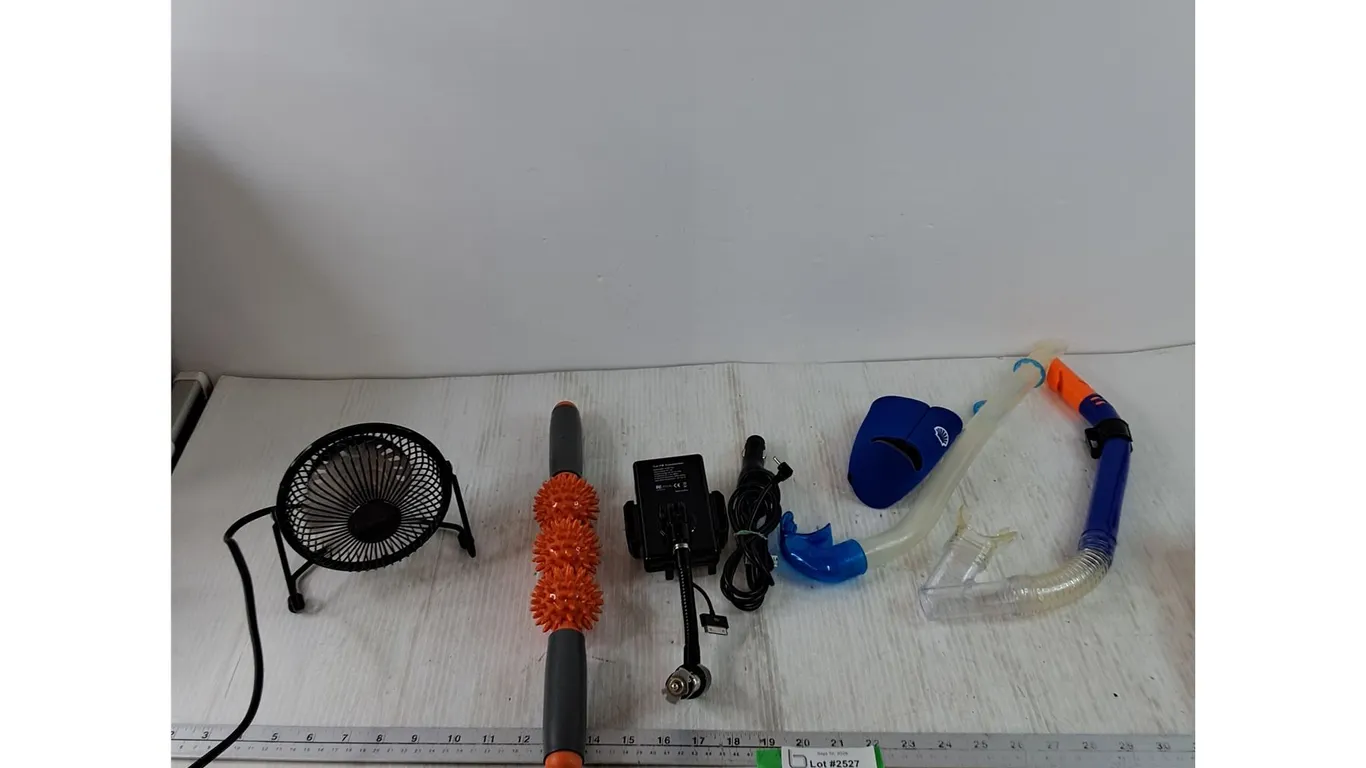 Airworks 6" Fan, Pressure Point Massager, Car FM Transmitter, (2) Snorkeling Mouthpieces