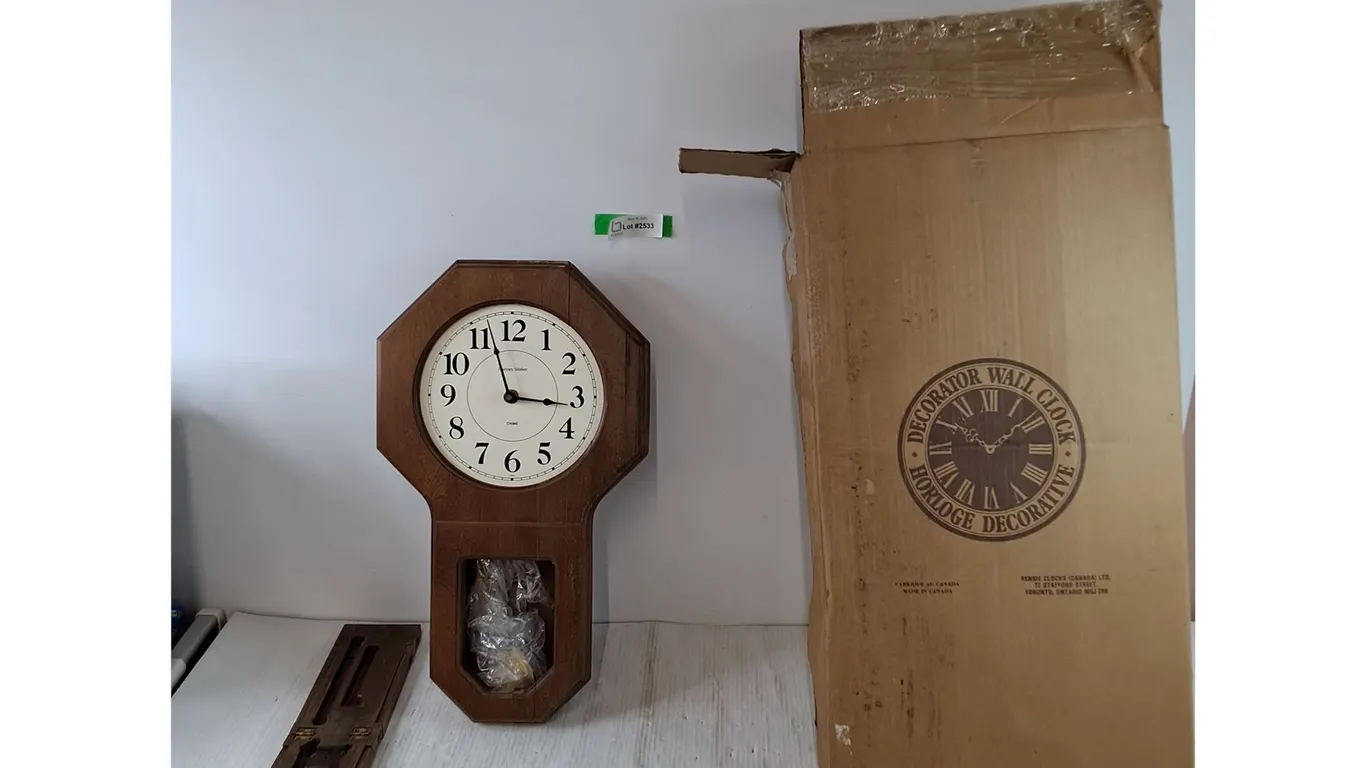 Decorators Wall Clock In Box with Pendulum and Wooden Box Untested As-Is