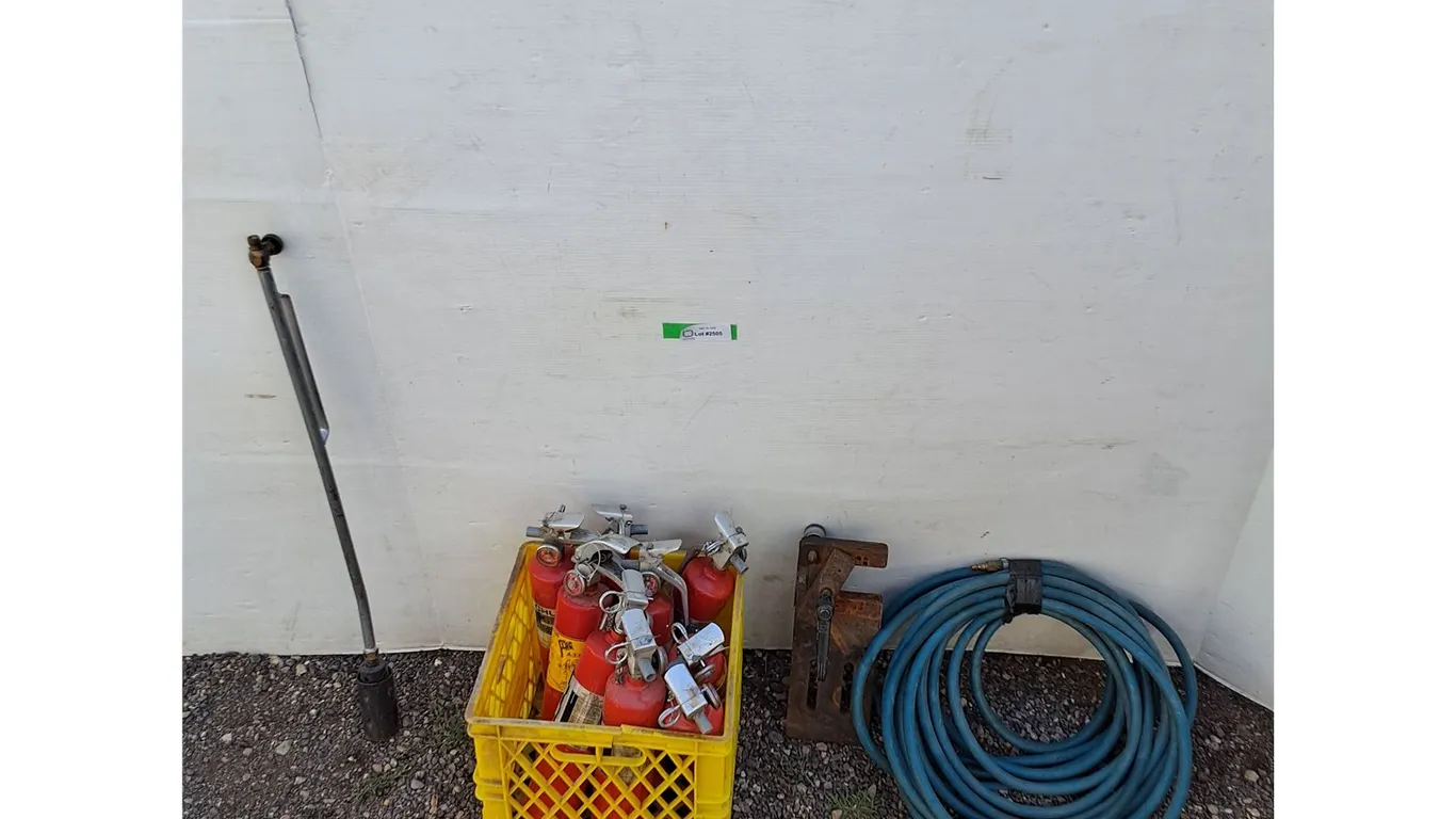 **Green Hose, Pipe Flange Rig, (9) Fire Extinguishers Untested, Propane Torch No Shipping