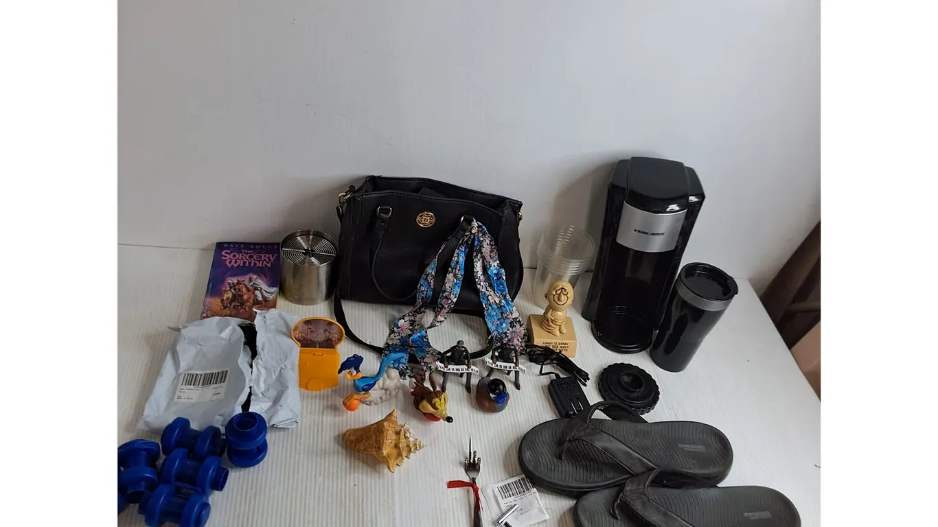 Purse, Coffee Maker, Ornaments, Toys, Book, Size 9 (Men's) Sandals, Misc.
