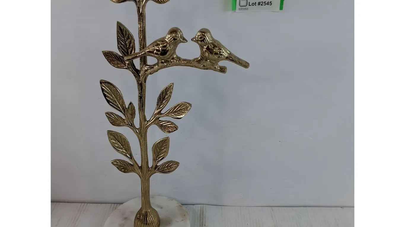 Metal Table Sculpture of Two Birds on Plant with Ceramic Base