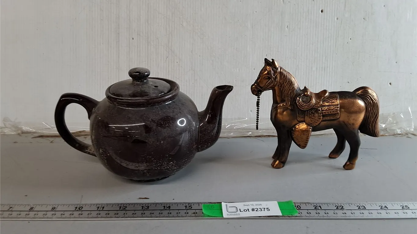 Ceramic Teapot & Metal Horse Figurine 6" Tall