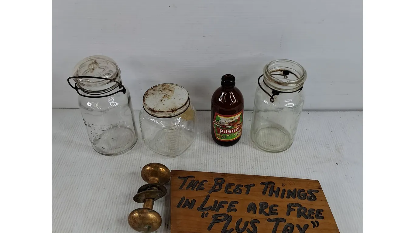 Jars, Vintage Pilsner Glass Bottle, Brass Door Knob & Wooden Wall Sign