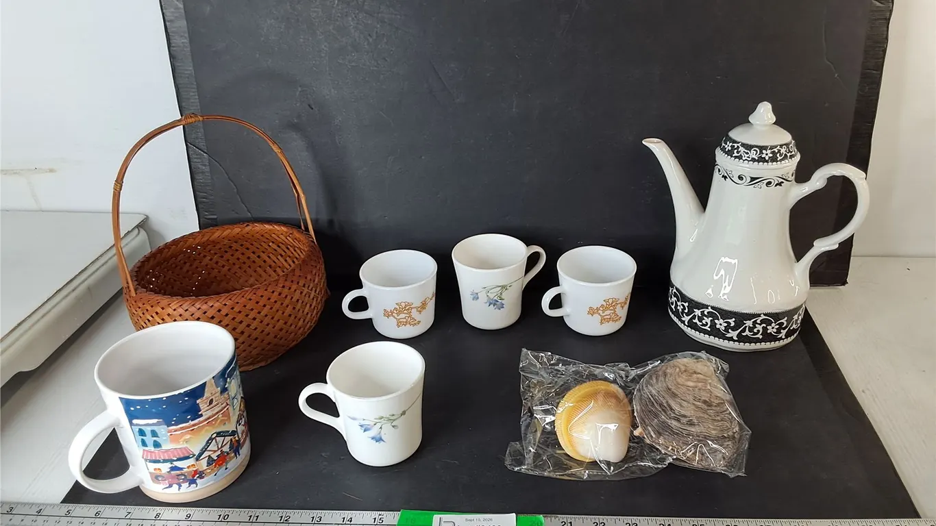 Ironstone Teapot, Mostly Corning Mugs, Decorative Seashells, Wicker Basket 10"