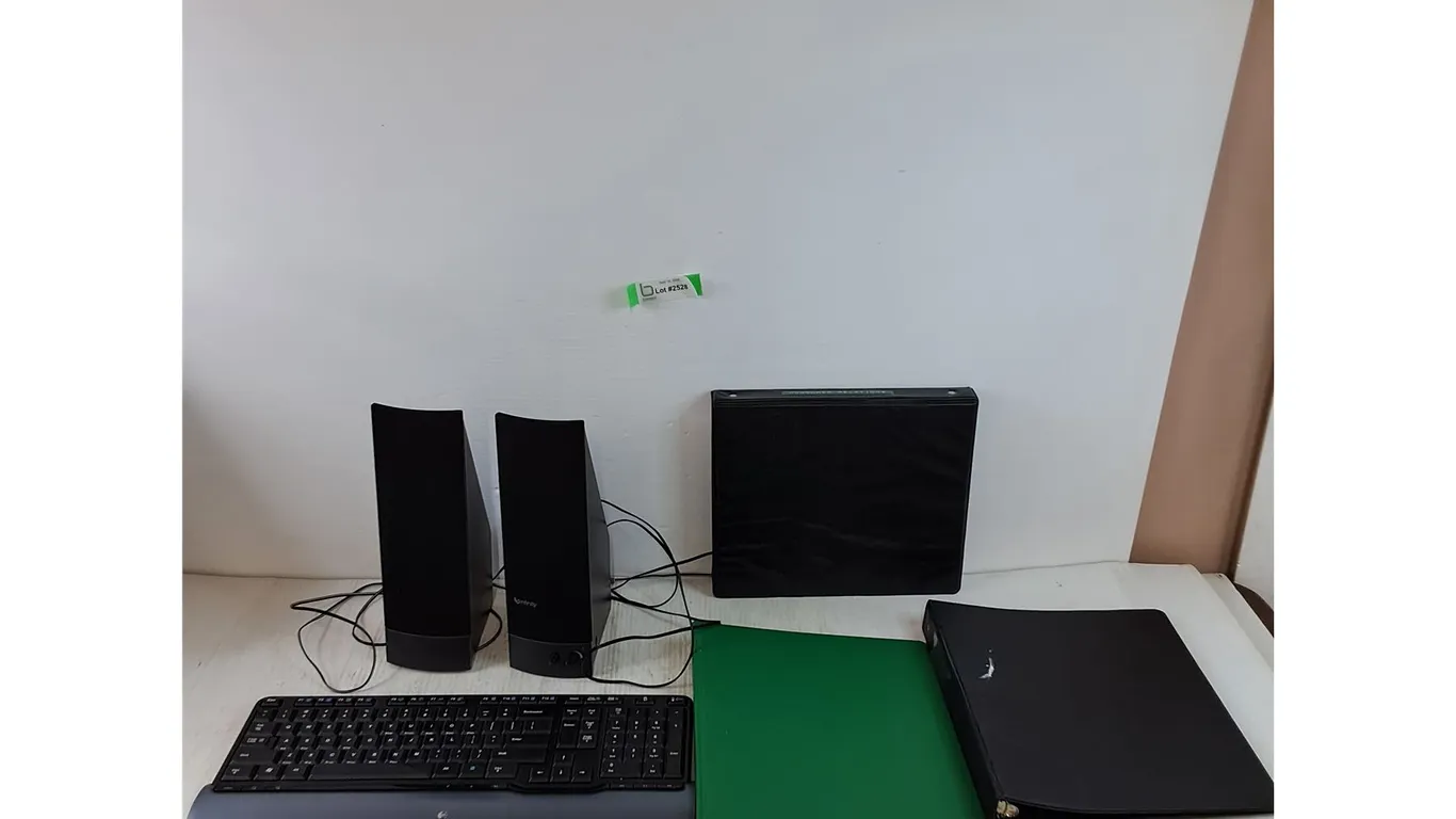 Logitech Wireless Keyboard, (2) Infinity Speakers All Untested, (3) Small Binders