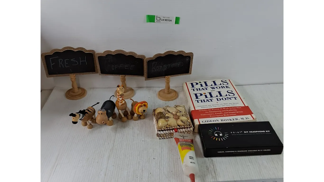 Wood Filler, Pills That Work Book, DIY Headphone Kit Sealed, Seashell Box, (4) Wooden Animals
