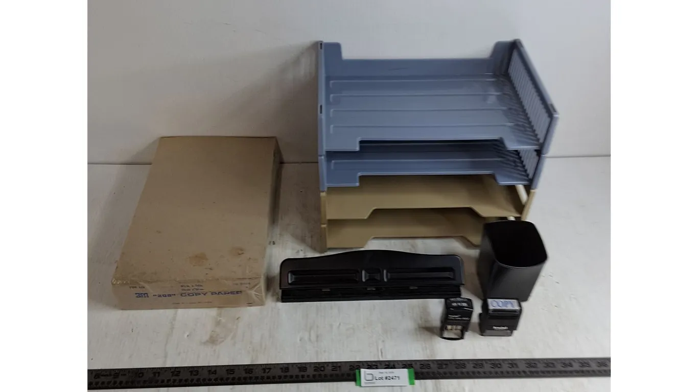 Sealed 750 Sheet Legal Size Copier Paper, Desk Organizers, 3-Hole Punch, Stamps, Misc.