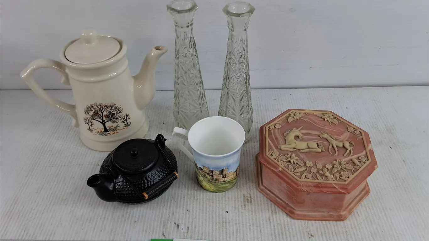 Ceramic Tea Pot, (2) Glass Vases, Coffee Cup, Trinket Box