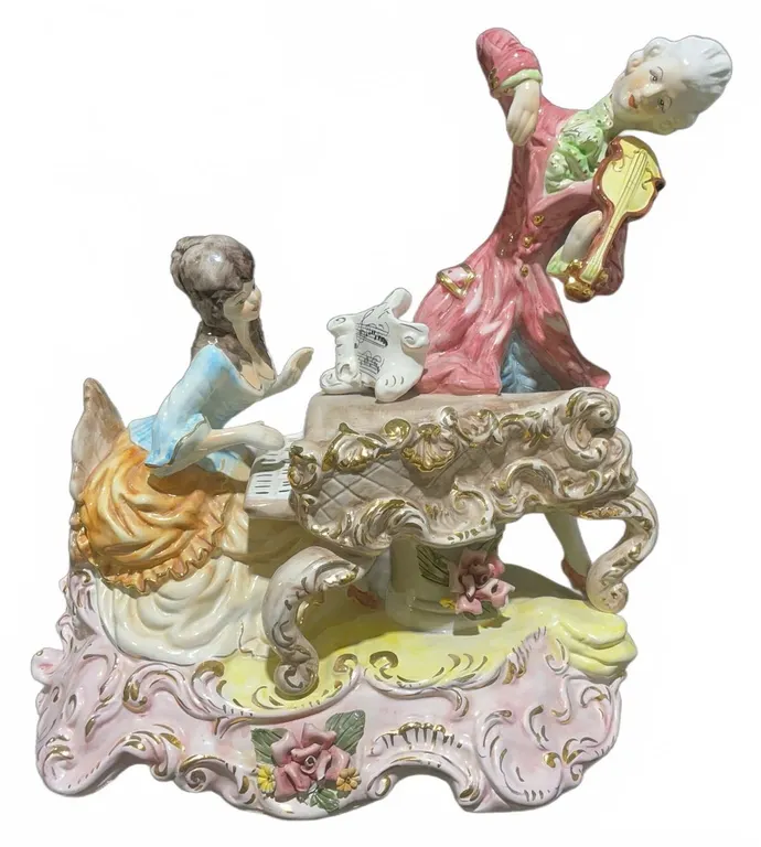 Capodimonte Porcelain Musical Figures Lamp Base, Made in Italy, Small Chip to Rose