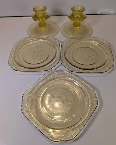 3 Pieces Depression Ware-Amber; 1 Large Plate, 2 Smaller plates, 2 Candlesticks