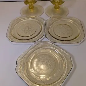 3 Pieces Depression Ware-Amber; 1 Large Plate, 2 Smaller plates, 2 Candlesticks
