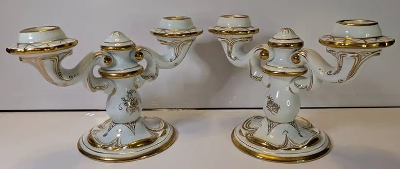 Spanish Porcelain Double Candleholders with Gold Accents