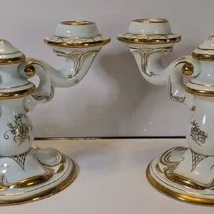Spanish Porcelain Double Candleholders with Gold Accents