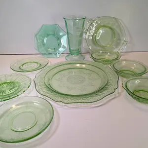 10-Piece Green Depression Glass Lot Including Vase, Plates, and Bowls
