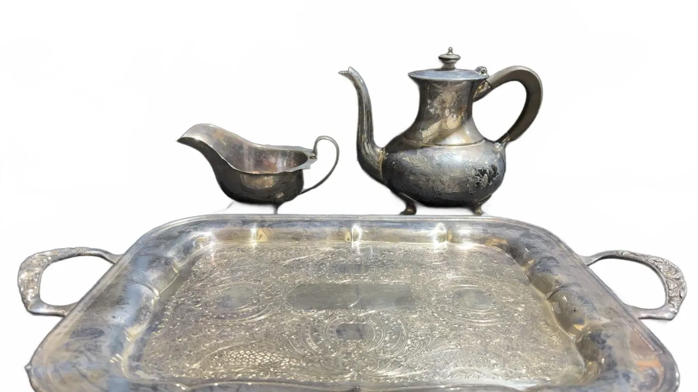 WM Mounts Silver Plated Tea Set with Tray, Teapot, and Creamer