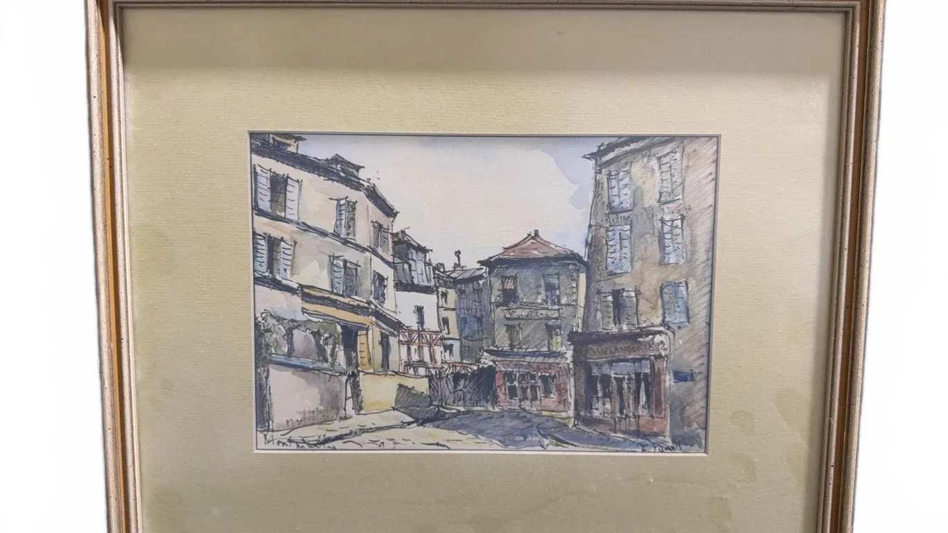 Framed Watercolour Street Scene Signed E. Parcel