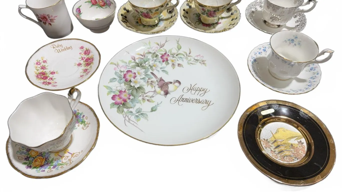 Bone China Tea Cups, Plates, Chokin Art, and Carved Cutlery Set