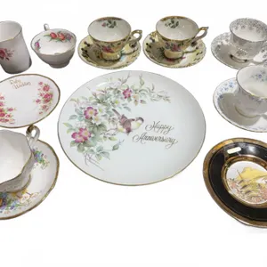 Bone China Tea Cups, Plates, Chokin Art, and Carved Cutlery Set