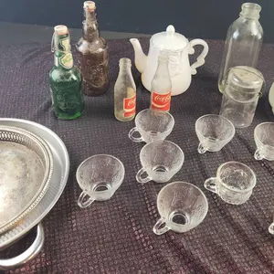 Glassware, Bottles, Teapot, Metal Trays, and Vase Lot