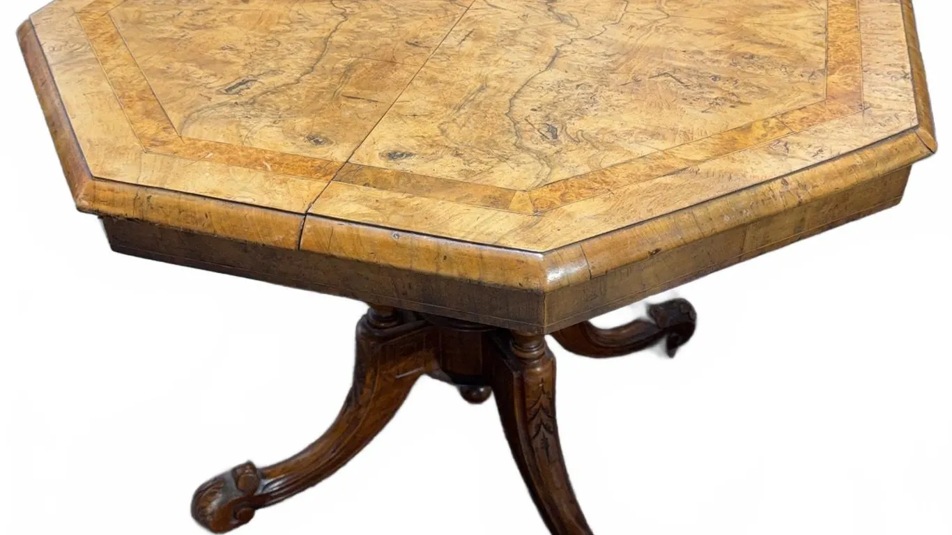 Octagonal Burled Wood Pedestal Table with Carved Base
