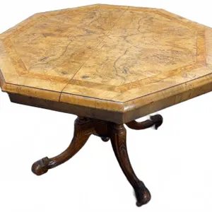 Octagonal Burled Wood Pedestal Table with Carved Base