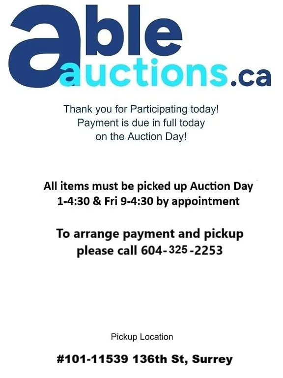 All items must be removed by Thu 1PM - 4:30PM & Fri 9AM - 4:30PM by appointment