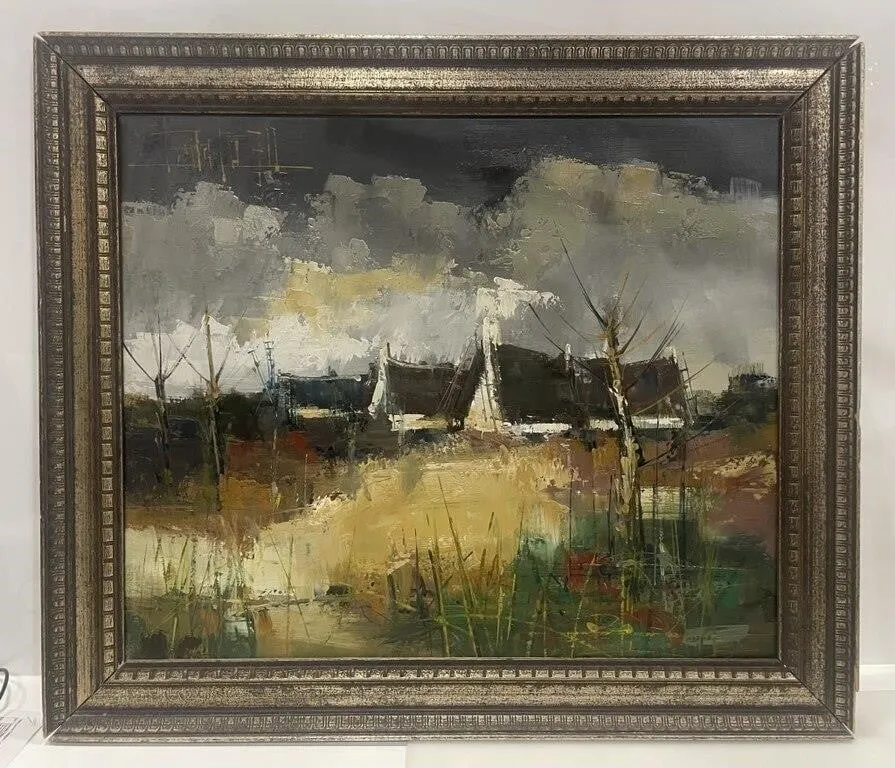 OIL ON CANVAS 'VILLAGE ROOFTOPS'