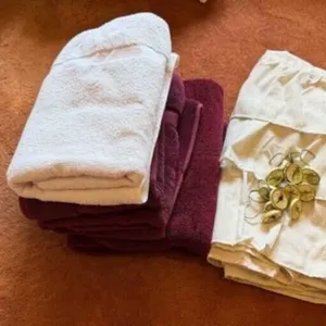 Shower curtain and hangers, towels, towel rack
