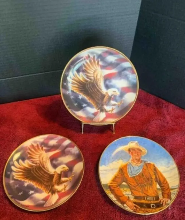 3 Franklin Mint Plates: 2 Eagle, 1 John Wayne