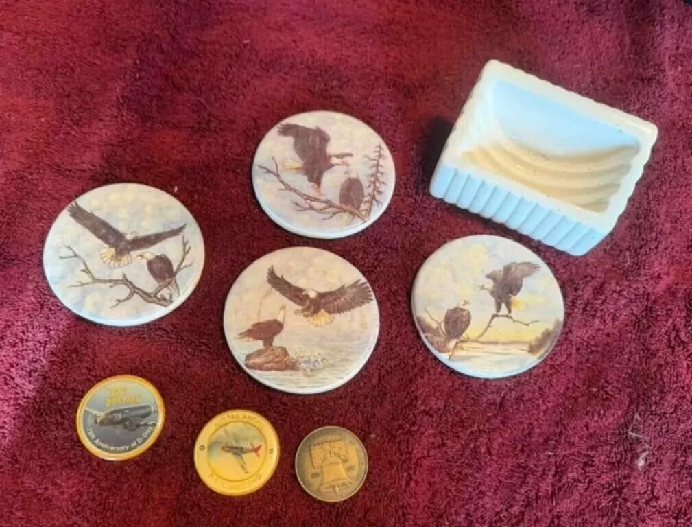 3 Military Tokens and Eagle Coaster Set