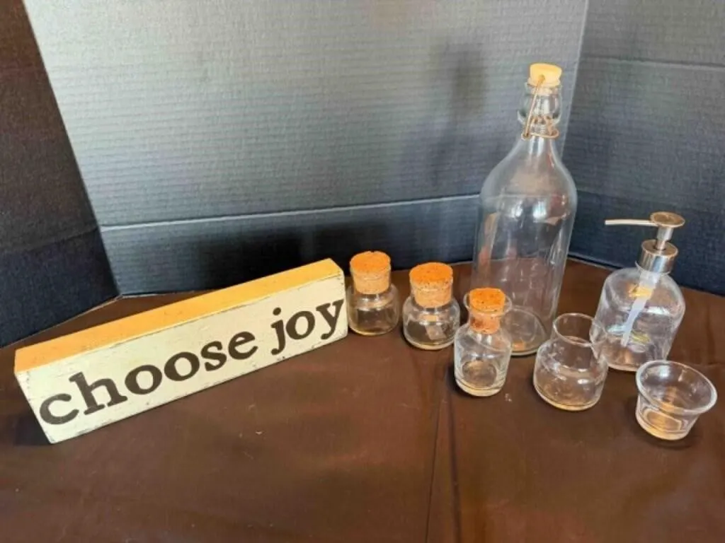Miscellaneous Glass Jars & Little Wood Sign