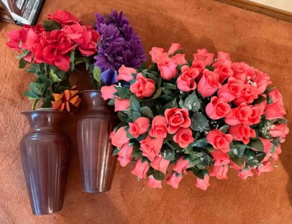 Artificial Flowers and 2 metal vases