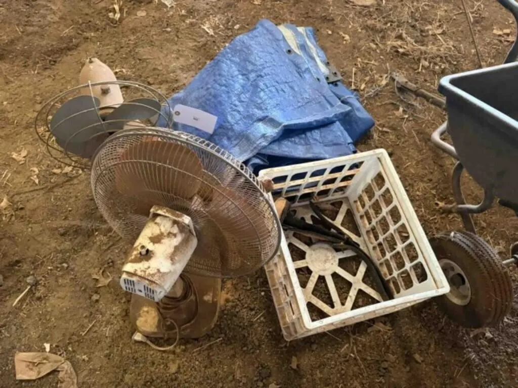 2 Oscillating Fans and Blue Tarp