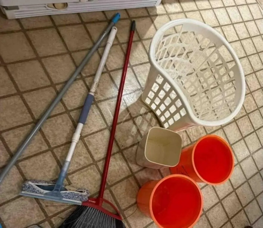 Trash cans, hamper, and Kitchen floor items
