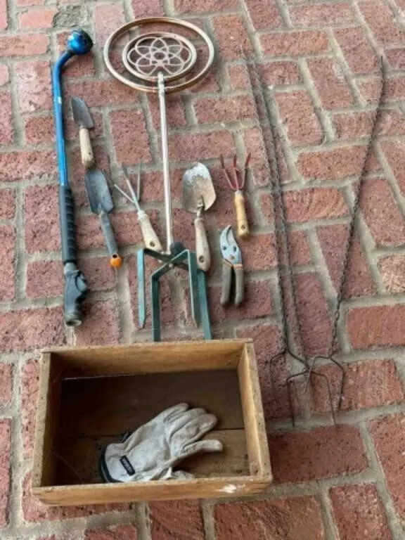 Yard tools, wood box, yard sprinkler