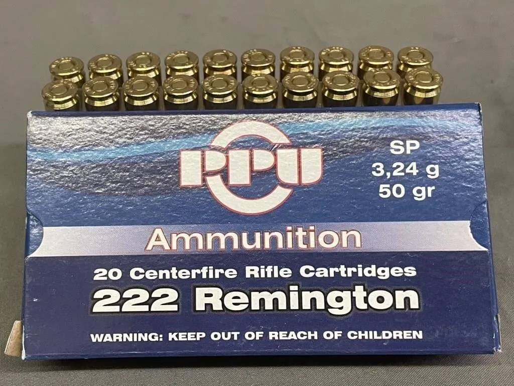 Box of 20 PPU .222 cal. REM CF rifle cartridges.